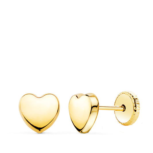 Pendientes Corazon Liso en Brillo 6 x 6 mm. Cierre Tuerca de oro amarillo 18K