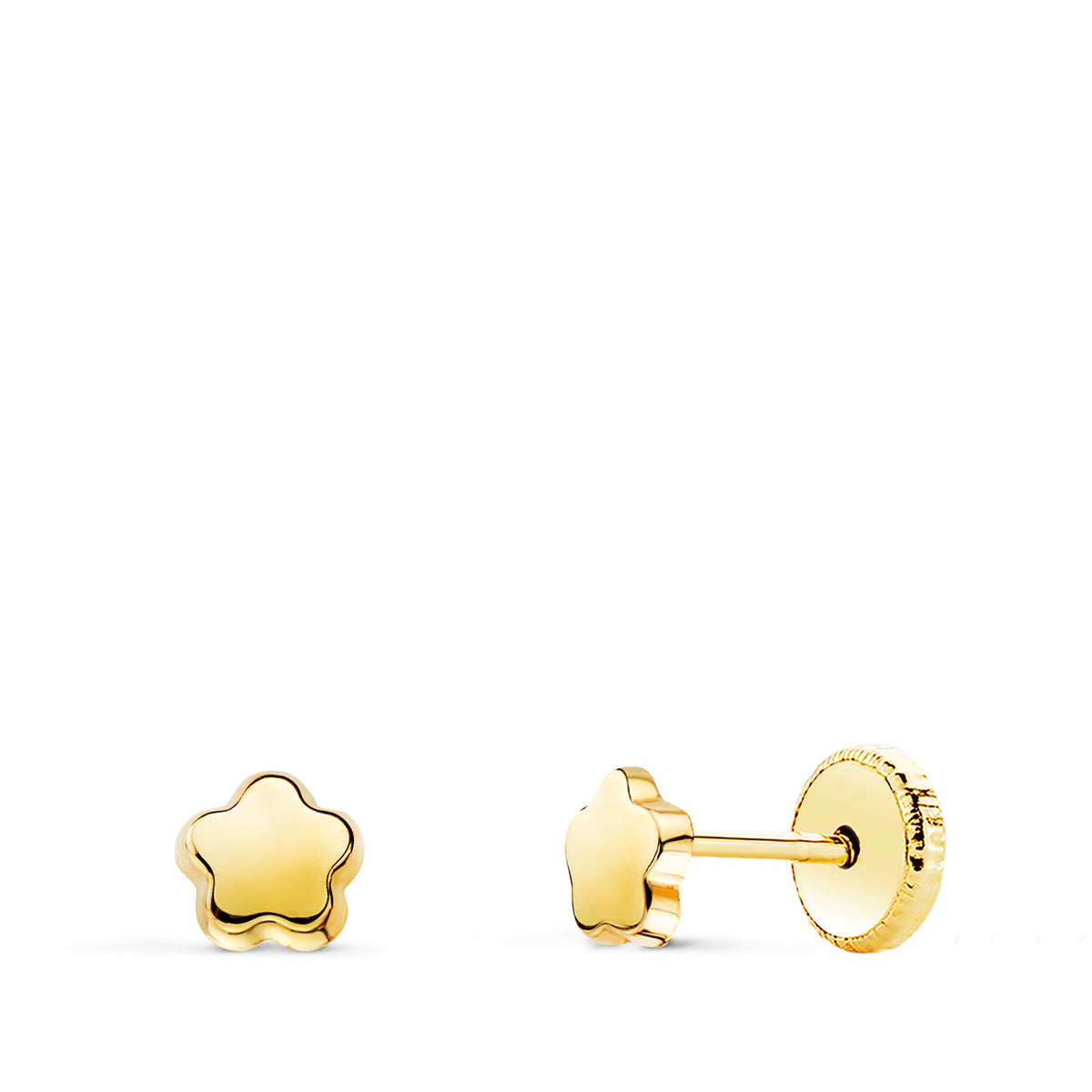 Pendientes Flor Lisa Brillo. 4,5 x 4,5 mm. Cierre Tuerca de oro amarillo 18K
