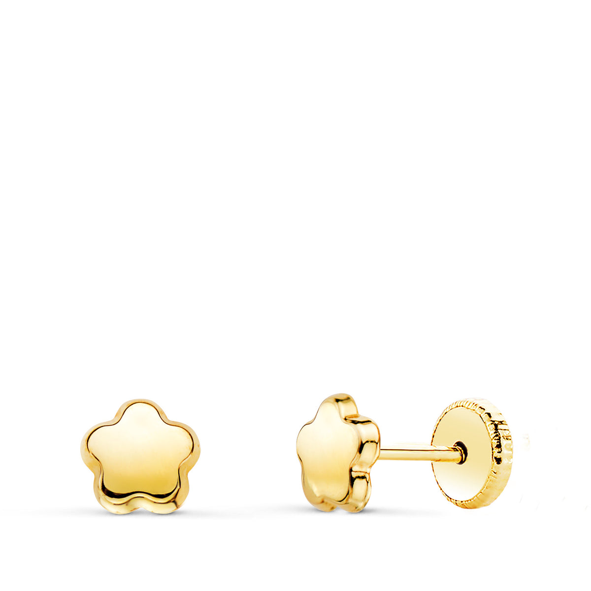 Pendientes Flor Lisa Brillo. 5,5 x 5,5 mm. Cierre Tuerca de oro amarillo 18K