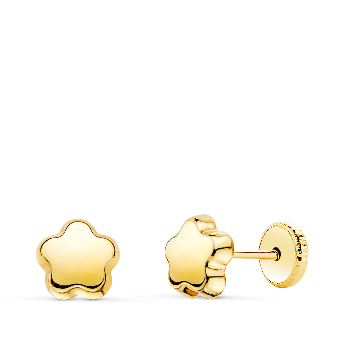 Pendientes Flor Lisa Brillo. 6 x 6 mm. Cierre Tuerca de oro amarillo 18K