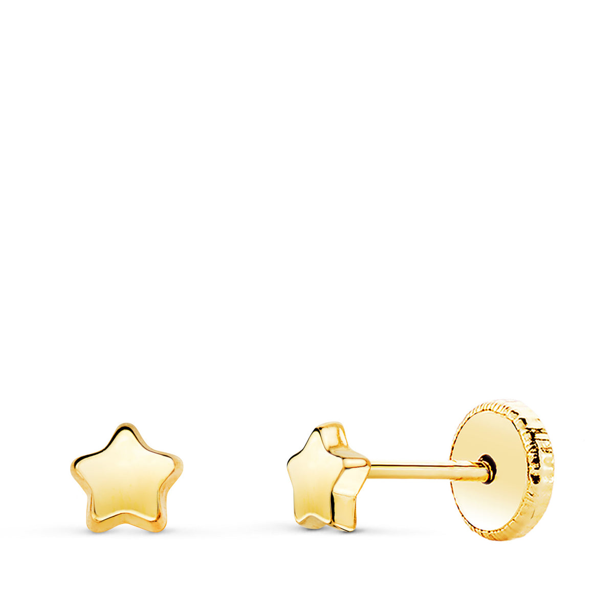 Pendientes Estrella Lisa 4,5 x 4,5 mm. Cierre Tuerca de oro amarillo 18K