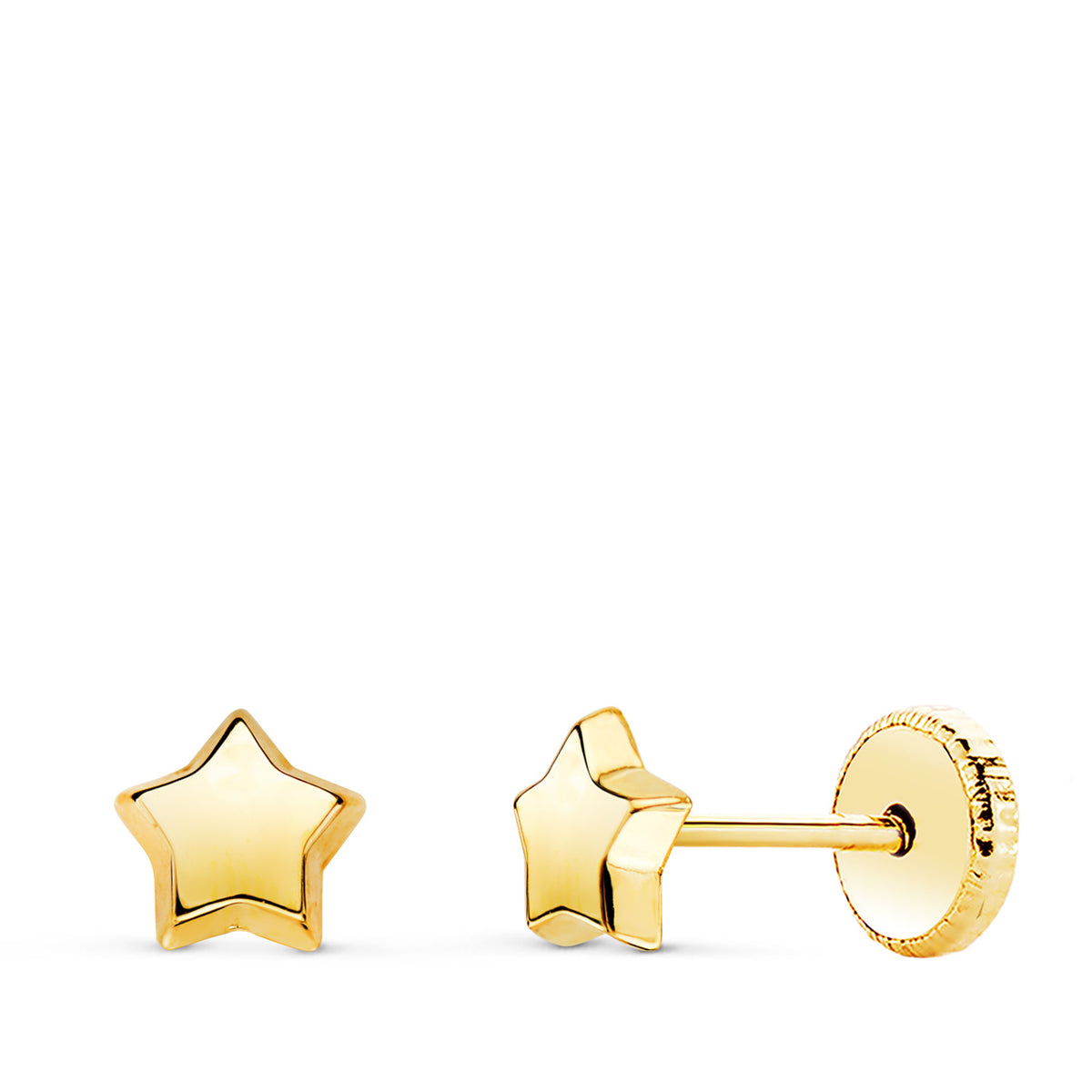 Pendientes Estrella Lisa 5,5 x 5,5 mm. Cierre Tuerca de oro amarillo 18K