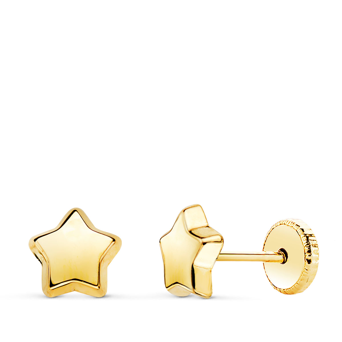 Pendientes Estrella Lisa 6,5 x 6,5 mm. Cierre Tuerca de oro amarillo 18K
