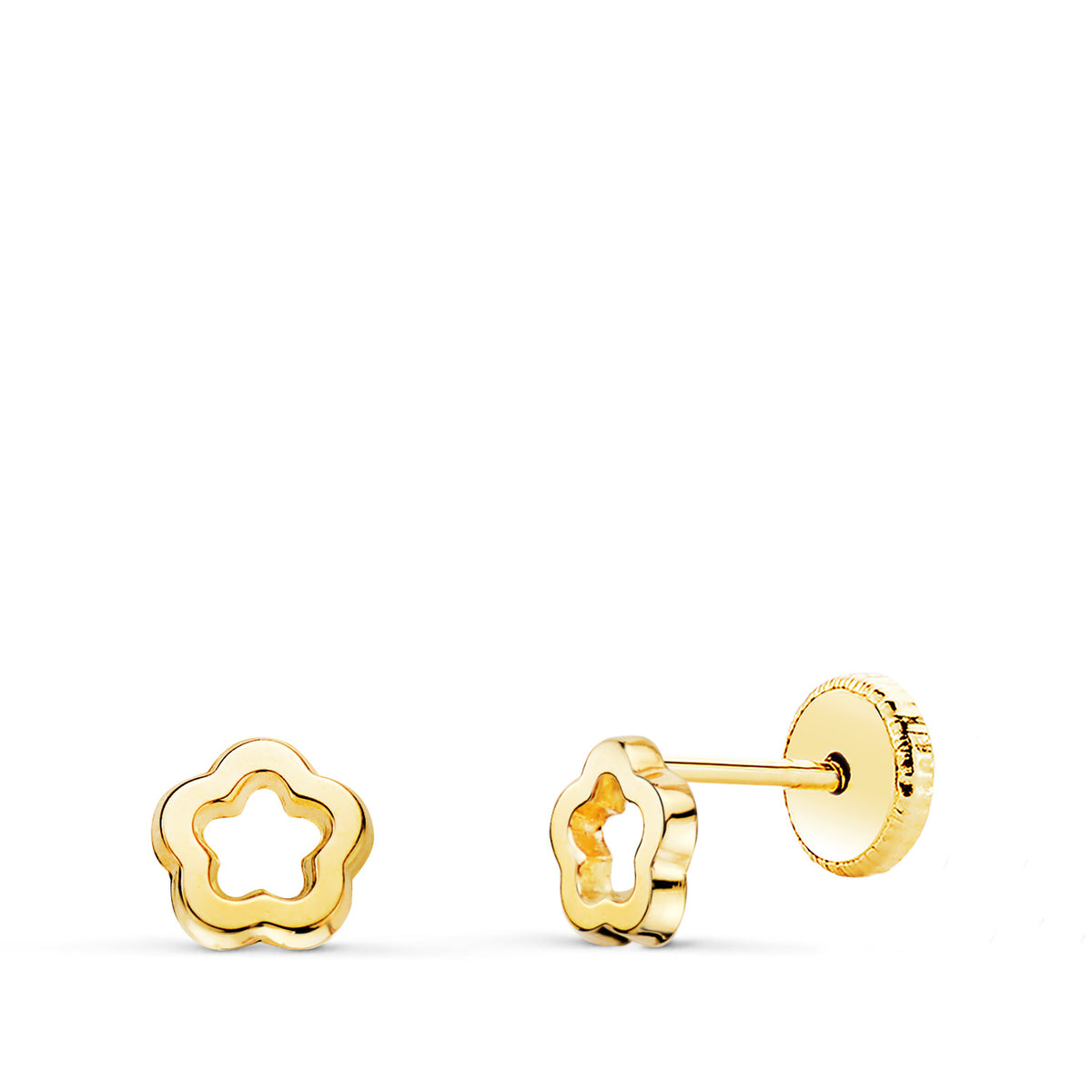 Pendientes Flor Brillo Calada 5 x 5 mm. Cierre Tuerca de oro amarillo 18K