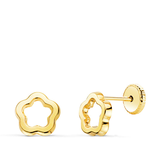 Pendientes Flor Brillo Calada 7 x 7 mm. Cierre Tuerca de oro amarillo 18K