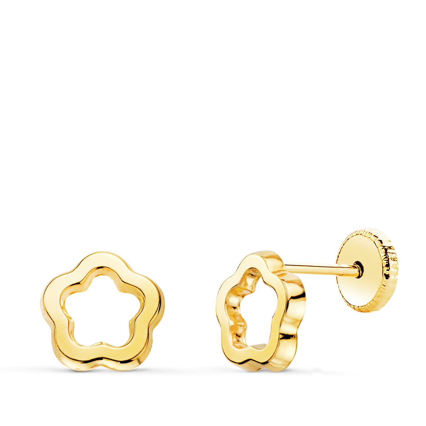 18K PENDIENTES ORO AMARILLO FLOR BRILLO CALADA 7 X 7 MM. CIERRE TUERCA
