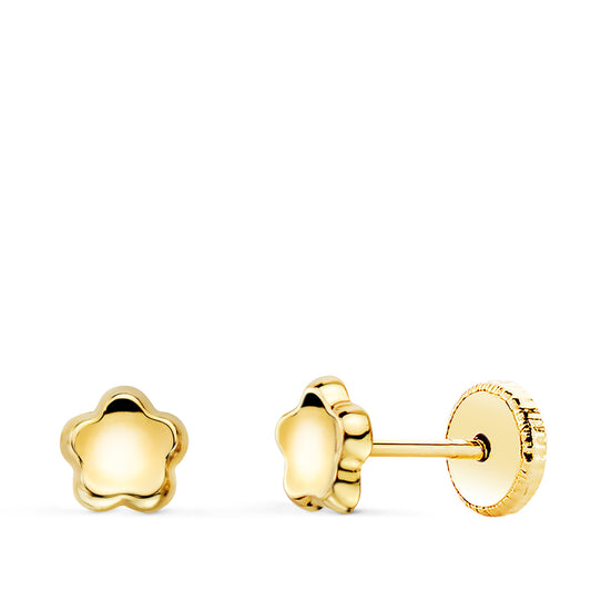 18K PENDIENTES ORO AMARILLO FLOR CONCAVO EN BRILLO 5X5 MM. CIERRE TUERCA