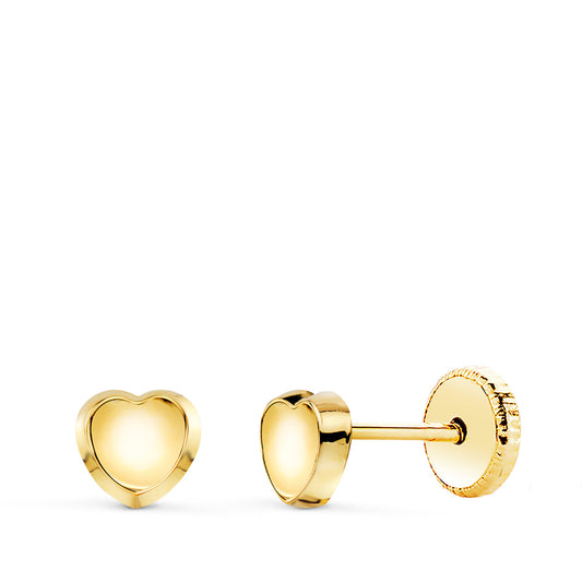 Pendientes Corazon Redondo Concavo en Brillo 5 x 5 mm. Cierre Tuerca de oro amarillo 18K