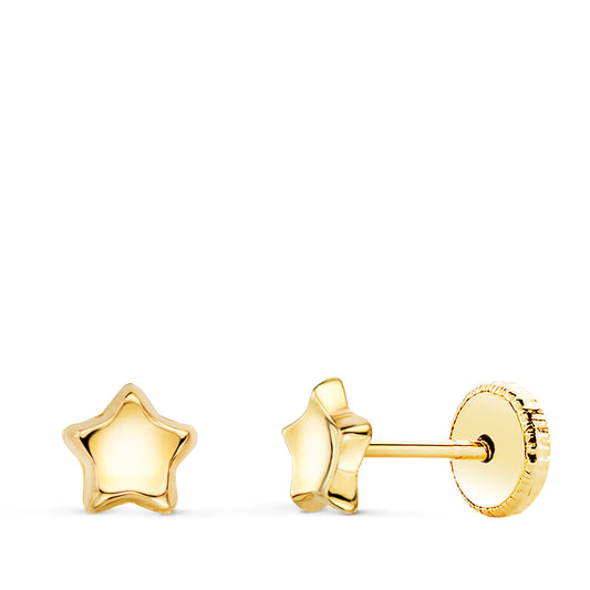 Pendientes Estrella Concavo en Brillo 5 x 5 mm. Cierre Tuerca de oro amarillo 18K