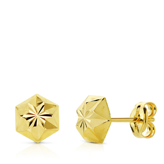 18K PENDIENTES ORO AMARILLO CLAVO ESTRELLA TALLADOS 8MM CIERRE PRESION
