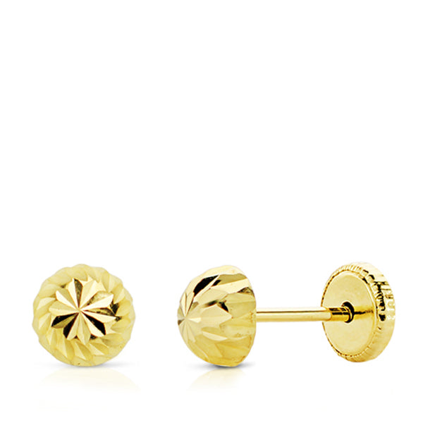 18K PENDIENTES ORO AMARILLO MEDIA BOLA TALLADA 6 MM CIERRE TUERCA