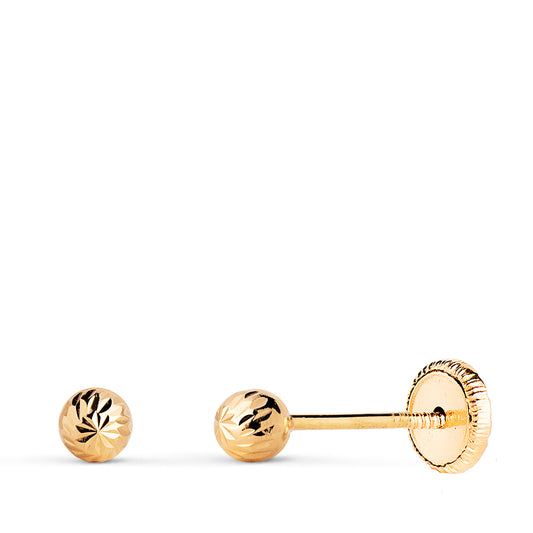 Pendientes Bola Tallada Hueca. Ancho: 3 mm. Cierre Tuerca de oro amarillo 18K