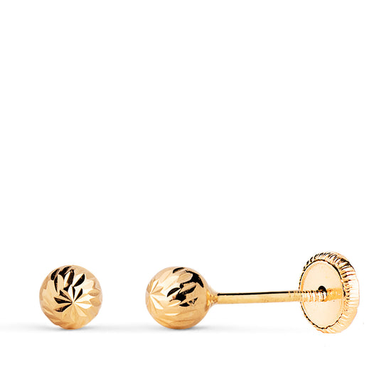 18K PENDIENTES ORO AMARILLO BOLA TALLADA HUECA. ANCHO: 4 MM. CIERRE TUERCA