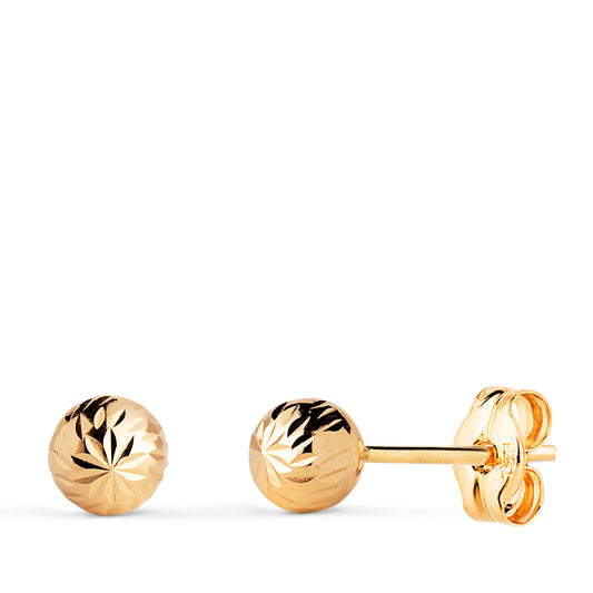 18K PENDIENTES ORO AMARILLO BOLA TALLADA HUECA. ANCHO: 5 MM. CIERRE PRESION