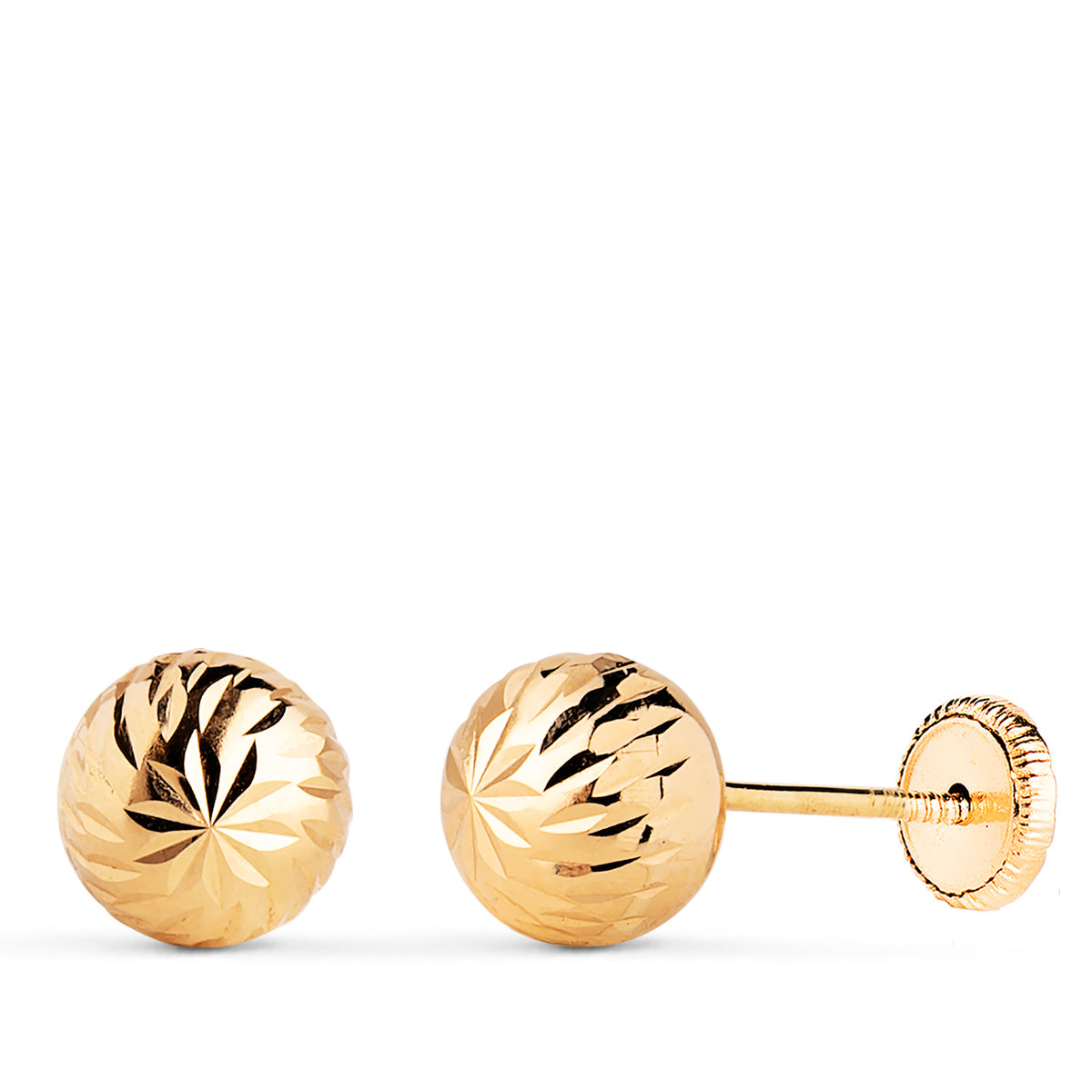 Pendientes Bola Tallada Hueca. Ancho: 7 mm. Cierre Tuerca de oro amarillo 18K