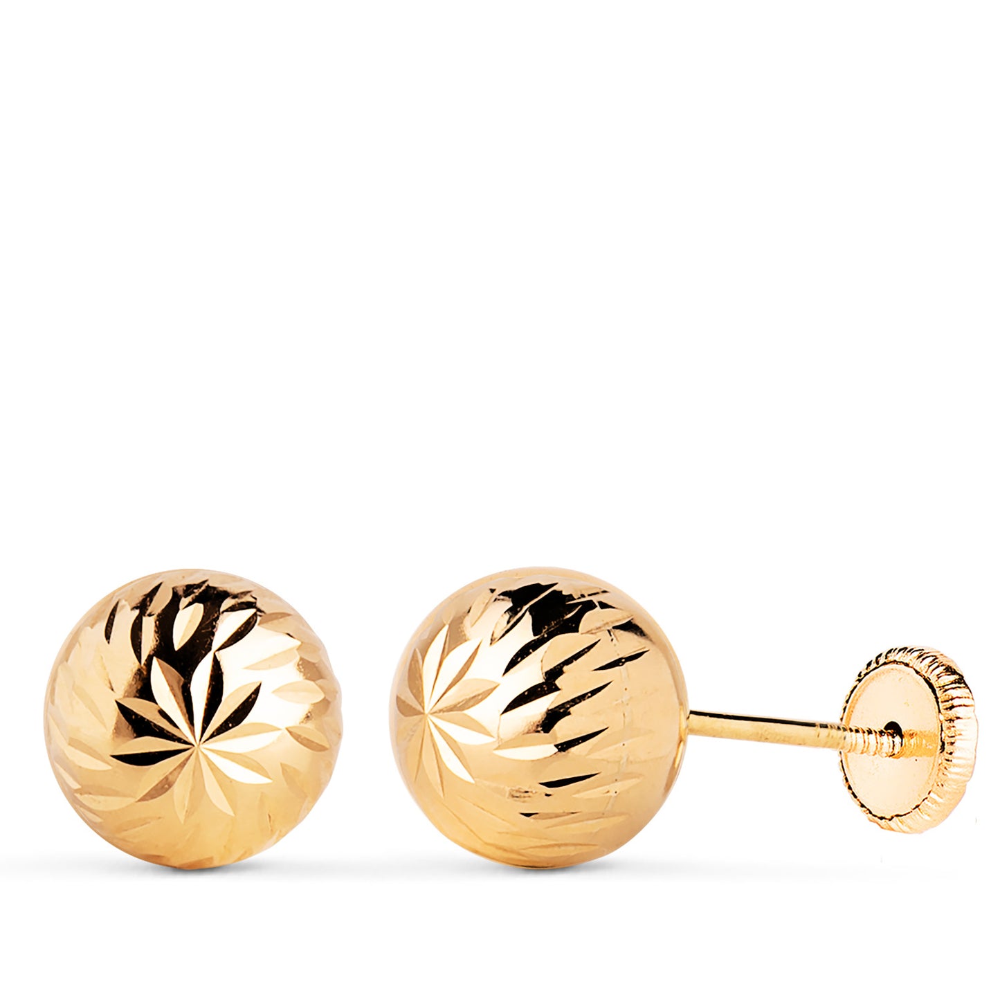 18K PENDIENTES ORO AMARILLO BOLA TALLADA HUECA. ANCHO: 8 MM. CIERRE TUERCA