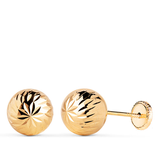 18K PENDIENTES ORO AMARILLO BOLA TALLADA HUECA. ANCHO: 8 MM. CIERRE TUERCA