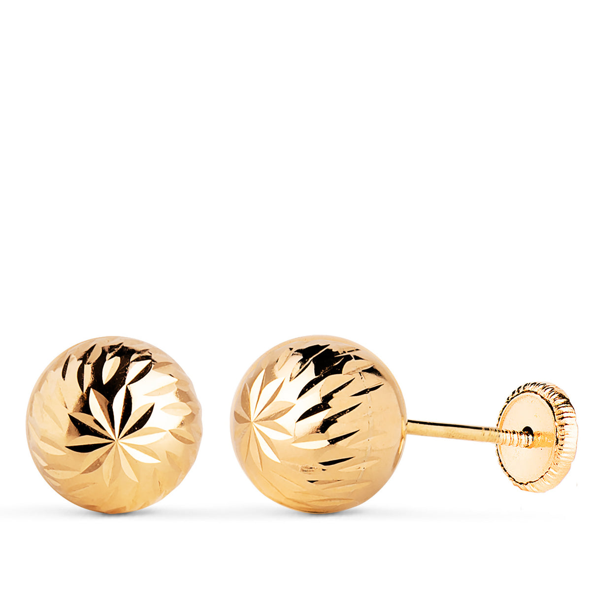 Pendientes Bola Tallada Hueca. Ancho: 8 mm. Cierre Tuerca de oro amarillo 18K