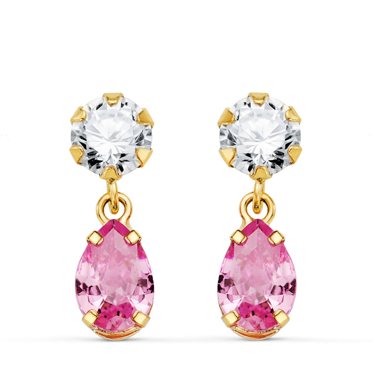 Pendientes Dos Cuerpos con Circonita y Piedra Rosa Lagrima 16 x 5 mm. de oro amarillo 18K