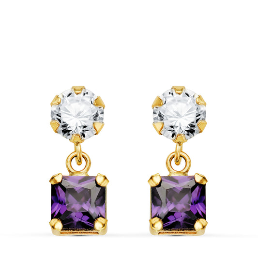 18K PENDIENTES ORO AMARILLO DOS CUERPOS CON CIRCONITA Y AMATISTA CUADRADA 14 X 5MM. CIERRE PRESION