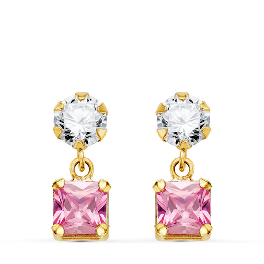 18K PENDIENTES ORO AMARILLO DOS CUERPOS CON CIRCONITA Y PIEDRA ROSA CUADRADA 14 X 5MM. CIERRE PRESION