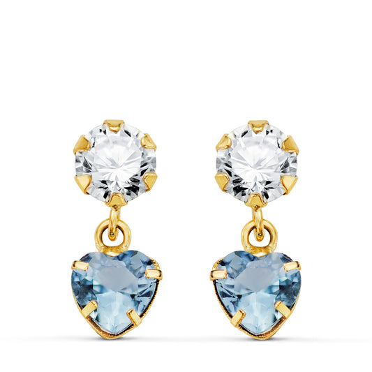 18K PENDIENTES ORO AMARILLO DOS CUERPOS CON CIRCONITA Y AGUAMARINA CORAZON 14 X 5MM. CIERRE PRESION