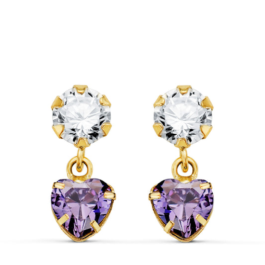 Pendientes Dos Cuerpos con Circonita y Amatista Corazon 14 x 5 mm. de oro amarillo 18K