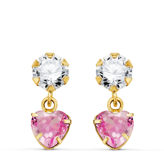 18K PENDIENTES ORO AMARILLO DOS CUERPOS CON CIRCONITA Y PIEDRA ROSA CORAZON 14 X 5MM. PRESION