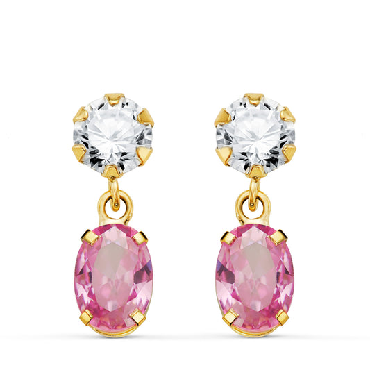 18K PENDIENTES ORO AMARILLO DOS CUERPOS CON CIRCONITA Y PIEDRA ROSA OVAL 16 X 5MM. CIERRE PRESION
