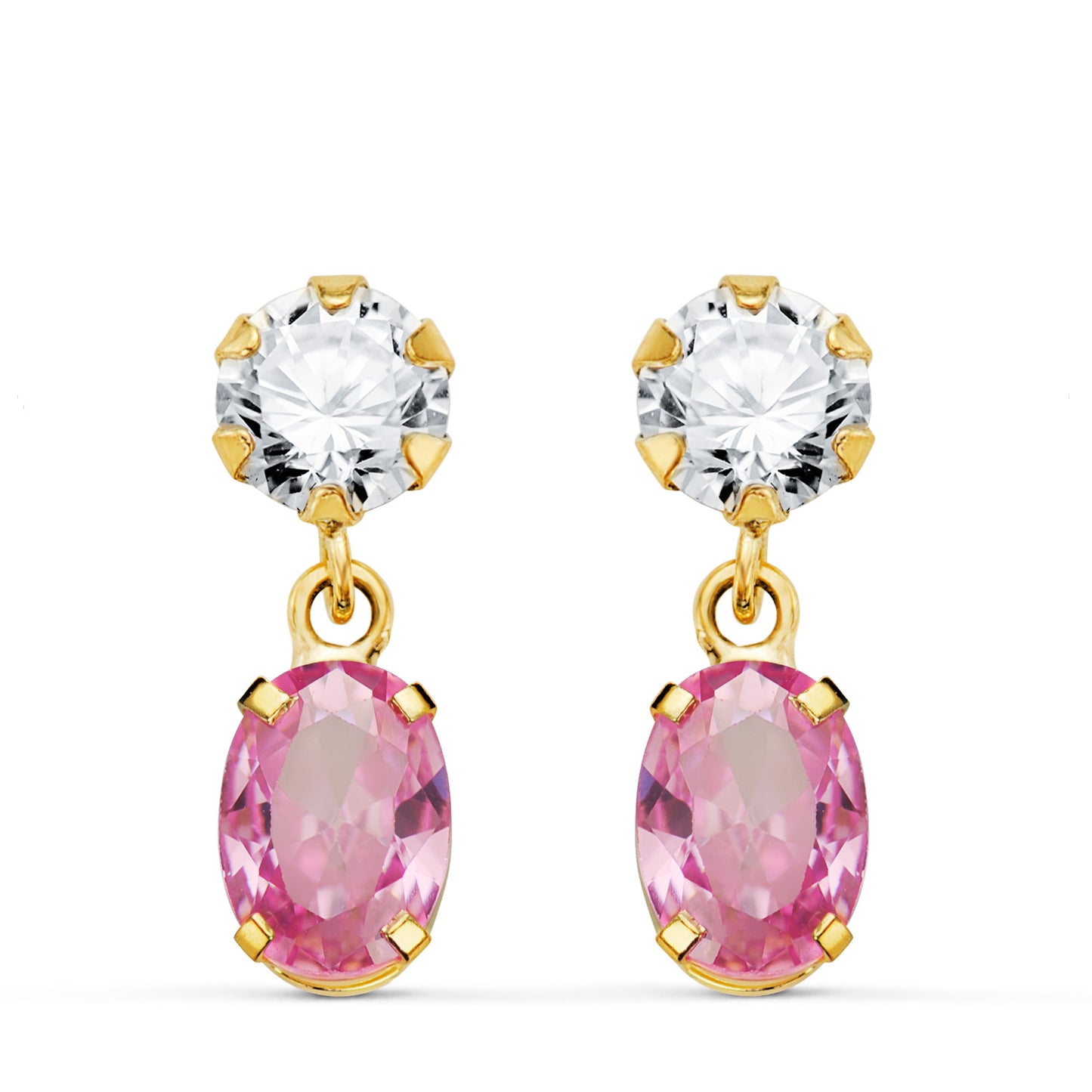 18K PENDIENTES ORO AMARILLO DOS CUERPOS CON CIRCONITA Y PIEDRA ROSA OVAL 16 X 5MM. CIERRE PRESION