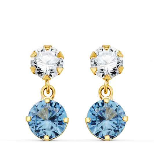 18K PENDIENTES ORO AMARILLO DOS CUERPOS CON CIRCONITA Y AGUAMARINA REDONDA 15 X 6MM. CIERRE PRESION