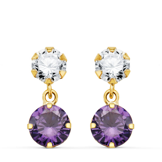 18K PENDIENTES ORO AMARILLO DOS CUERPOS CON CIRCONITA Y AMATISTA REDONDA 15 X 6 MM. CIERRE PRESION