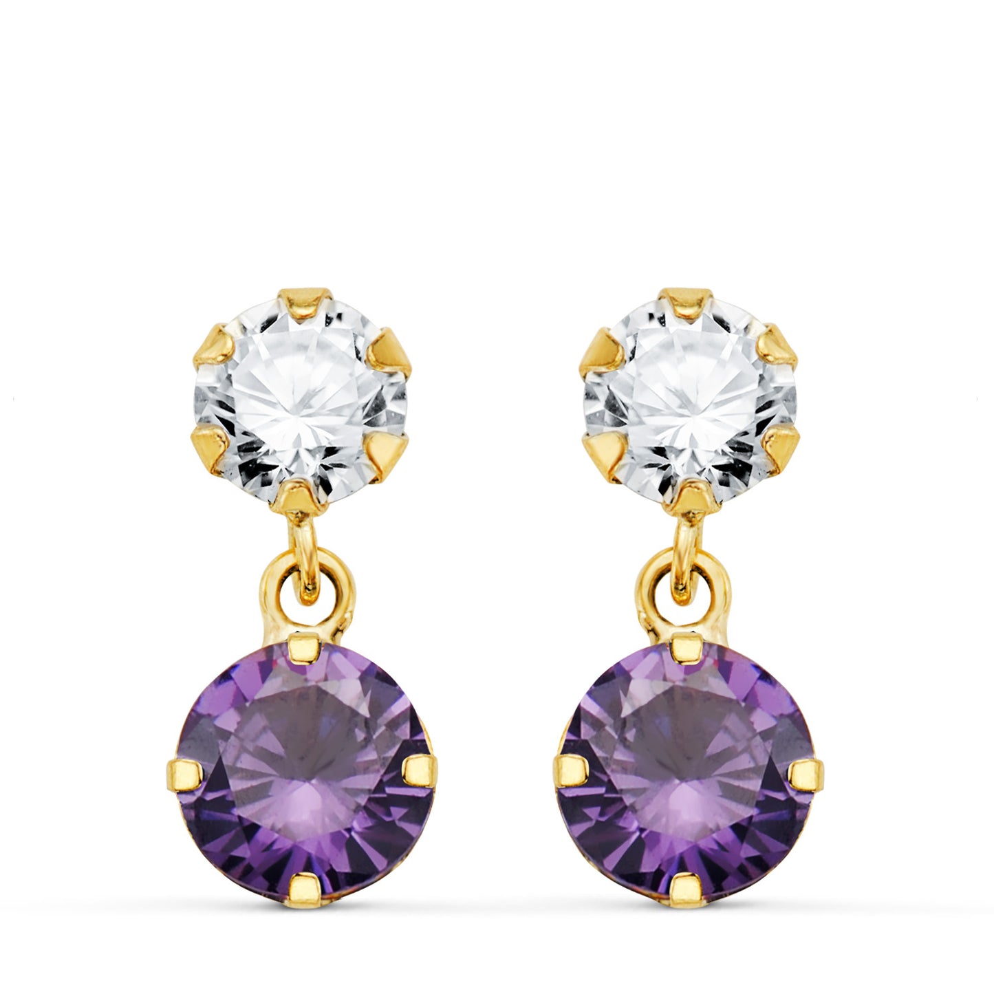 18K PENDIENTES ORO AMARILLO DOS CUERPOS CON CIRCONITA Y AMATISTA REDONDA 15 X 6 MM. CIERRE PRESION