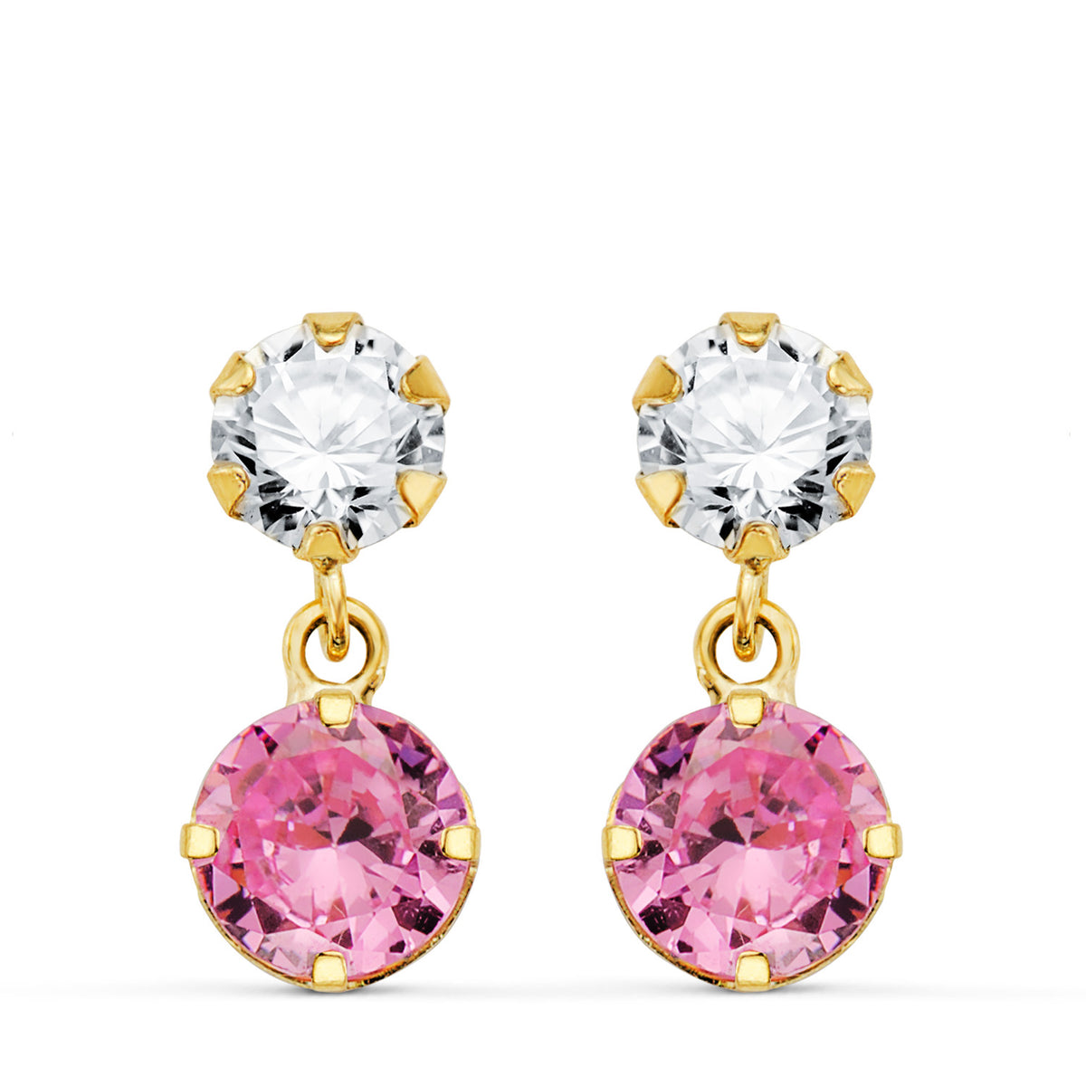 Pendientes Dos Cuerpos con Circonita y Piedra Rosa Redonda 15 x 6 mm. de oro amarillo 18K