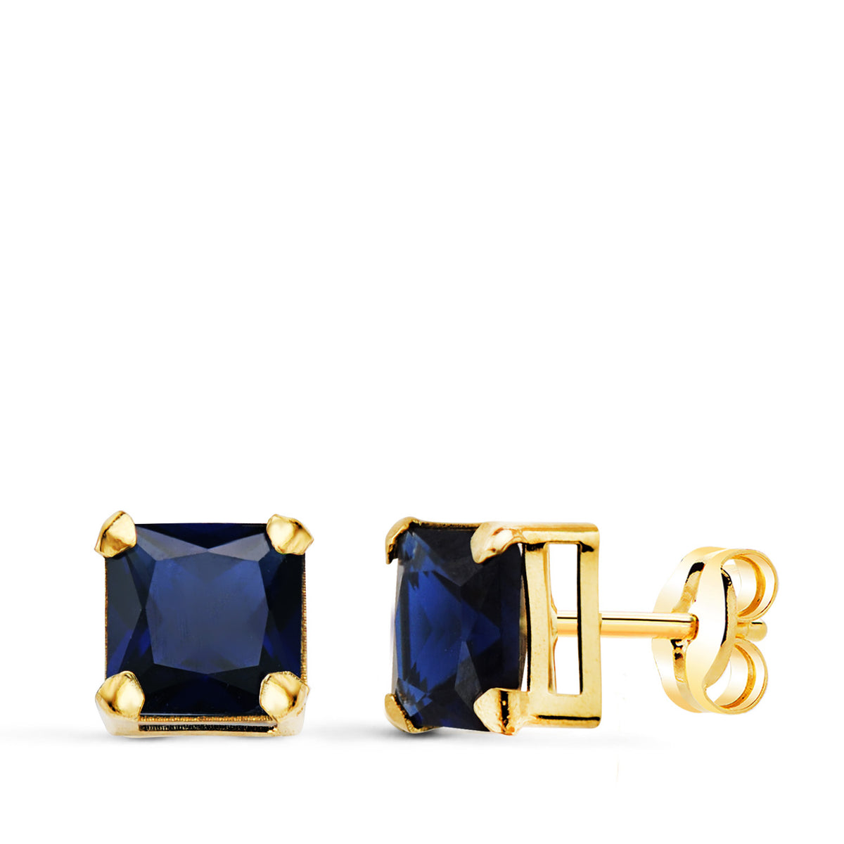 Pendientes Cuadrados Piedra Color Azul 6 x 6 mm. de oro amarillo 18K