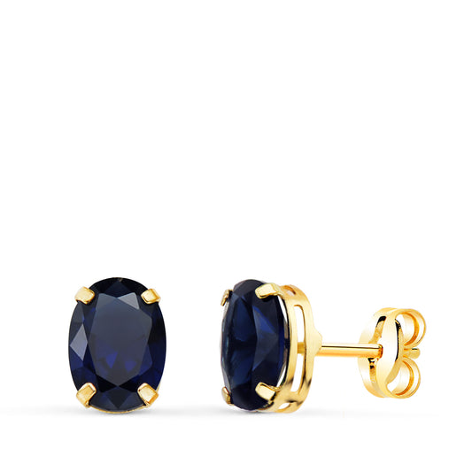 Pendientes Oval Piedra Azul 7 x 5 mm. de oro amarillo 18K