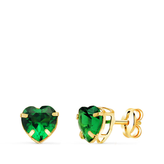 Pendientes Corazon Piedra Color Verde 6 x 6 mm. de oro amarillo 18K