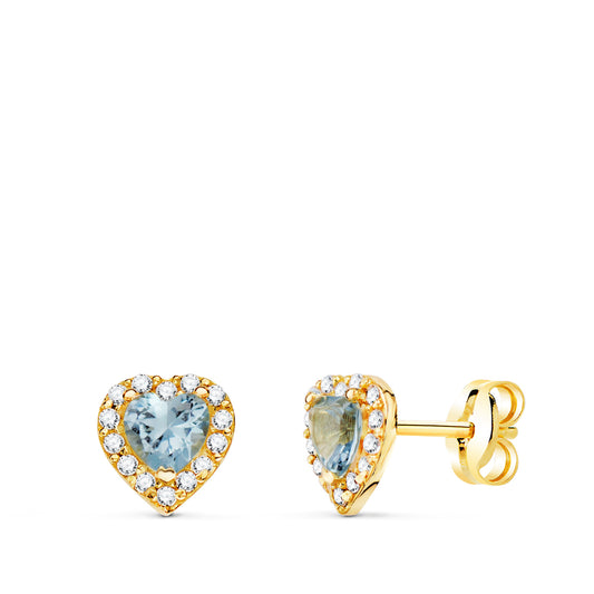 Pendientes Corazon Circonita y Agua Marina 6,5 x 6,5 mm. de oro amarillo 18K
