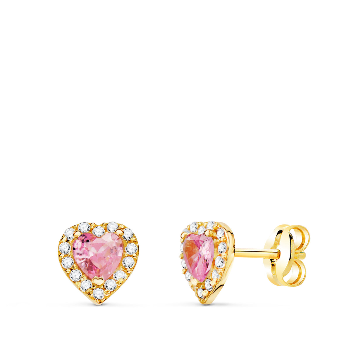 Pendientes Corazon Circonita y Piedra Rosa 6,5 x 6,5 mm. de oro amarillo 18K