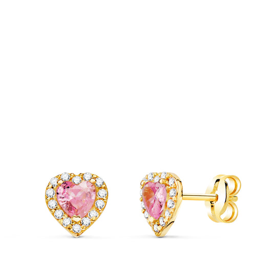 18K PENDIENTES ORO AMARILLO CORAZON CIRCONITA Y PIEDRA ROSA 6,5 X 6,5 MM. CIERRE PRESION