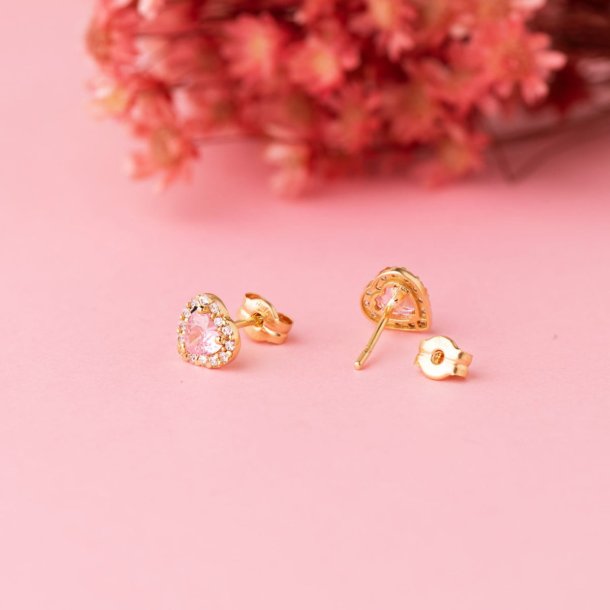 Pendientes Corazon Circonita y Piedra Rosa 6,5 x 6,5 mm. de oro amarillo 18K