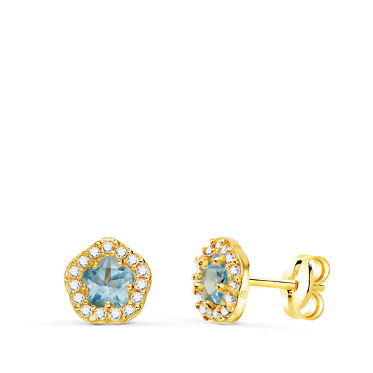 Pendientes Flor Circonita y Agua Marina 7 x 6,5 mm. de oro amarillo 18K