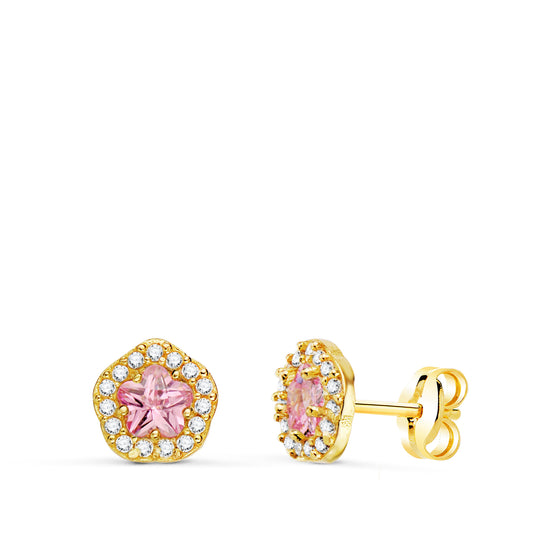 Pendientes Flor Circonita y Piedra Rosa 7 x 6,5 mm. de oro amarillo 18K