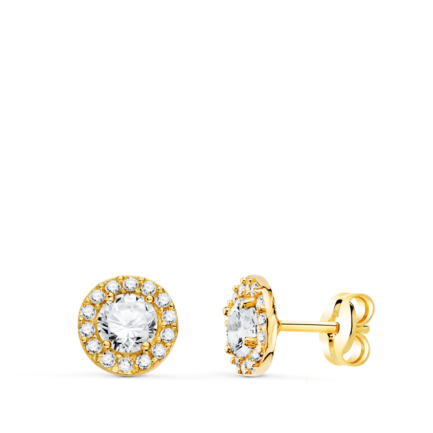 18K PENDIENTES ORO AMARILLO REDONDOS CON CIRCONITA BLANCAS. ANCHO: 6,5 MM. CIERRE PRESION
