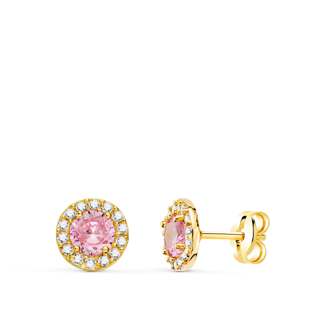 Pendientes Redondos Circonita y Piedra Rosa 6,5 mm. de oro amarillo 18K