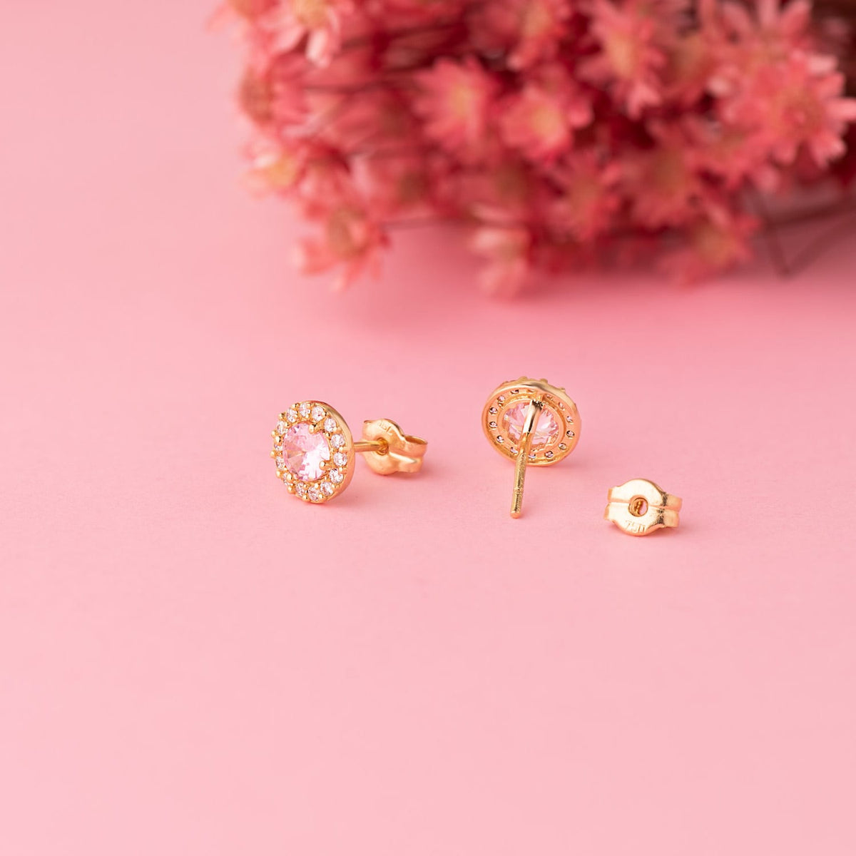 Pendientes Redondos Circonita y Piedra Rosa 6,5 mm. de oro amarillo 18K
