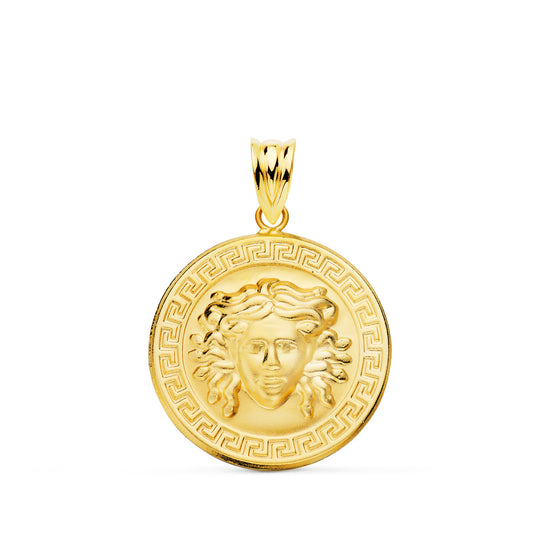 Medalla Medusa con Borde de Greca Matizada 20 mm de oro amarillo 18K