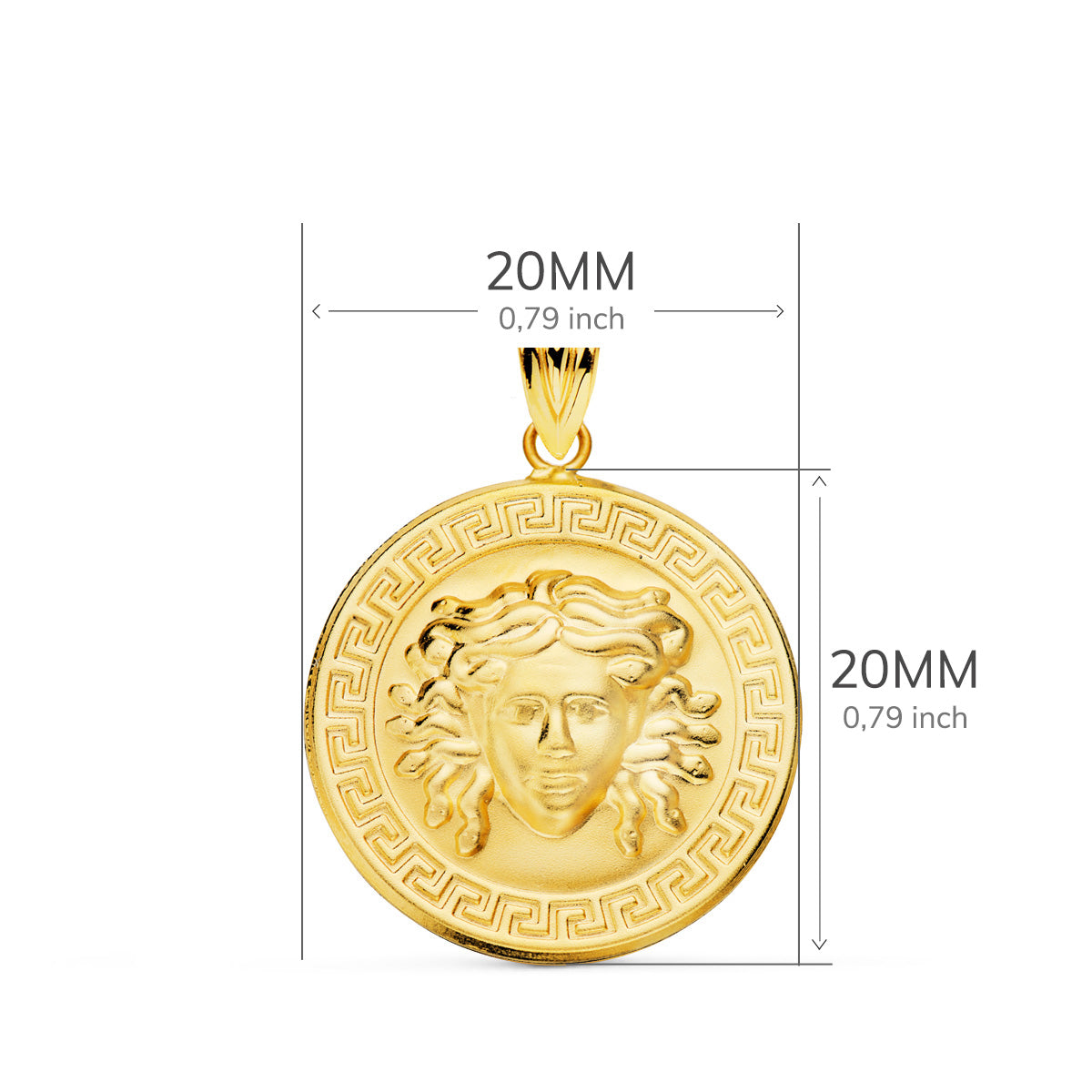 Medalla Medusa con Borde de Greca Matizada 20 mm de oro amarillo 18K