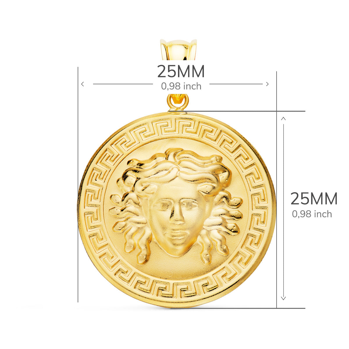 18K MEDALLA ORO AMARILLO MEDUSA CON BORDE DE GRECA MATIZADA 25 MM