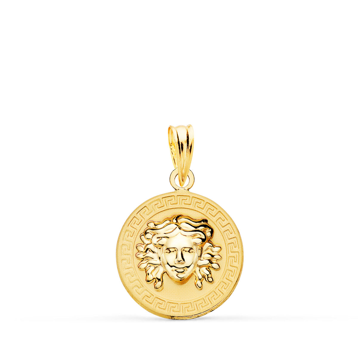 Medalla Medusa en Brillo con Borde de Greca Matizada 15 mm de oro amarillo 18K